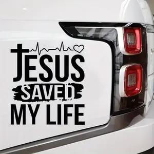 Jesus Saves My Life Heartbeat Vinyl Sticker, Multipurpose Car Decal, Car Decorative Sticker, Cartoon Jesus Design with Heartbeat Line, Perfect for Cars Windows Walls Cups