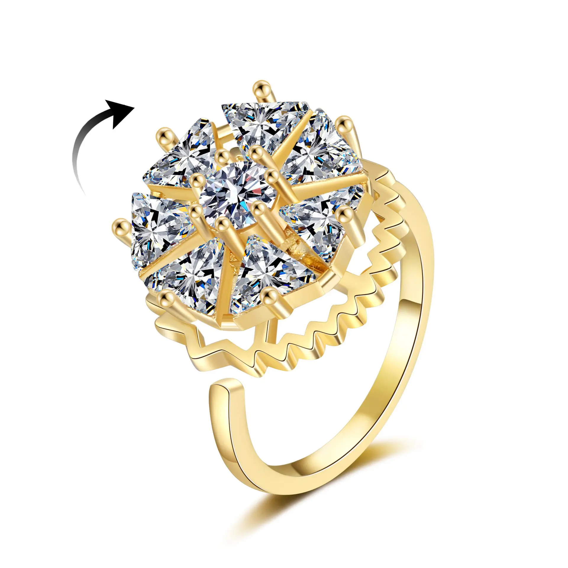 Rotatable Snowflake Zircon Ring, Fidget Spinner Anxiety Relief Ring, Adjustable Open Band, Gold/Silver Plated, Hypoallergenic, Stress Relief Spinning Ring for Women, Trendy Statement Jewelry