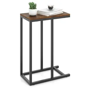 COSTWAY - C-shaped Side Table with Heavy-duty Metal Frame-Rustic Brown