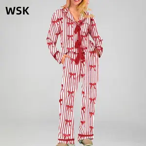 Mommy and Me Matching Pajamas Bow/Heart Print Tie Front Long Sleeve Tops and Long Pants Set Family Matching Sleepwear??gift??(Sheets)