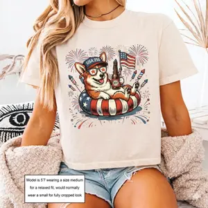 Comfort Colors Boxy Tee Patriotic Corgi Dog Graphic Tee Cropped Shirt Womens USA Flag Dog T-Shirt 4th of July Shirt Dog Lover Gift Vintage Cute Tee