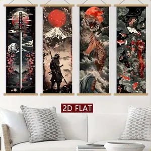 Japanese Samurai Canvas Hanging Scrolls Painting- Ink Art Wall Decor Featuring Swordsman, Mount Fuji & Cherry Blossoms, Modern/Traditional Japanese Art for Home, Living Room, Bedroom - Ideal Gift, Odorless, High-Definition Print, Wooden Wall Art