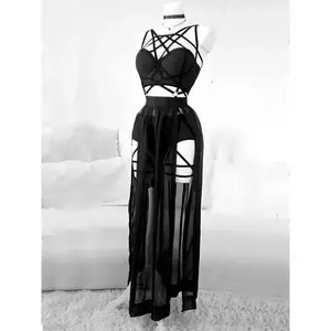 Gothic Nightclub Sexy Skirt Set Women See Through Mesh Backless Crop Tops Emo Alt Punk High Waist Underpants Skirt 3pcs Clothes Suits