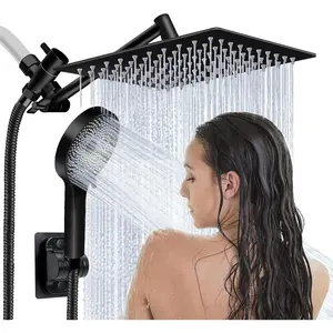 Shower Head,8”Rain Shower Head with Handheld Spray Combo and Adjustable Extension Arm/3-Way Flow Regulator/Shower System,High Pressure Rain Fall Hose,Matt Black