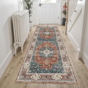 2x6 Washable Hallway Runner Rug:Oriental Indoor Rugs Vintage Door Mat Non Slip with Backing Low Pile Thin Carpet for Bedroom Living Room Bedside (2x6 Brick/Blue)