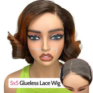 14 Inch Ombre Brown P4/350 Loose Bouncy Wave 200% Density Pre Cut Pre Plucked 5x5 Glueless Lace Wig Human hair Wigs 100% Vietnamese Hair Wear and Go Glueless Curly Wig