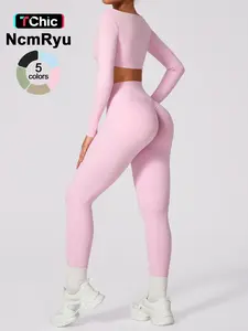 Women's Seamless High Elastic Soft Square Collar Open Waist Long Sleeve High Waist Hip Lifting Trousers Yoga suit  Outdoor Running Mountain Climbing Walking Fashion suit  All-match long-sleeve trousers for gym training Yoga Clothes Set