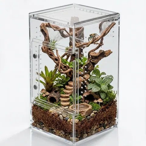 Compact Acrylic Rectangle Small Reptile Terrarium - Water-Holding, Crystal-Clear Walls, Easy Setup, 1-Piece Design - Desktop Displays for Hobbyists, Photography-Friendly Jumping Spider & Tarantula Enclosure, Praying Mantis Habitat