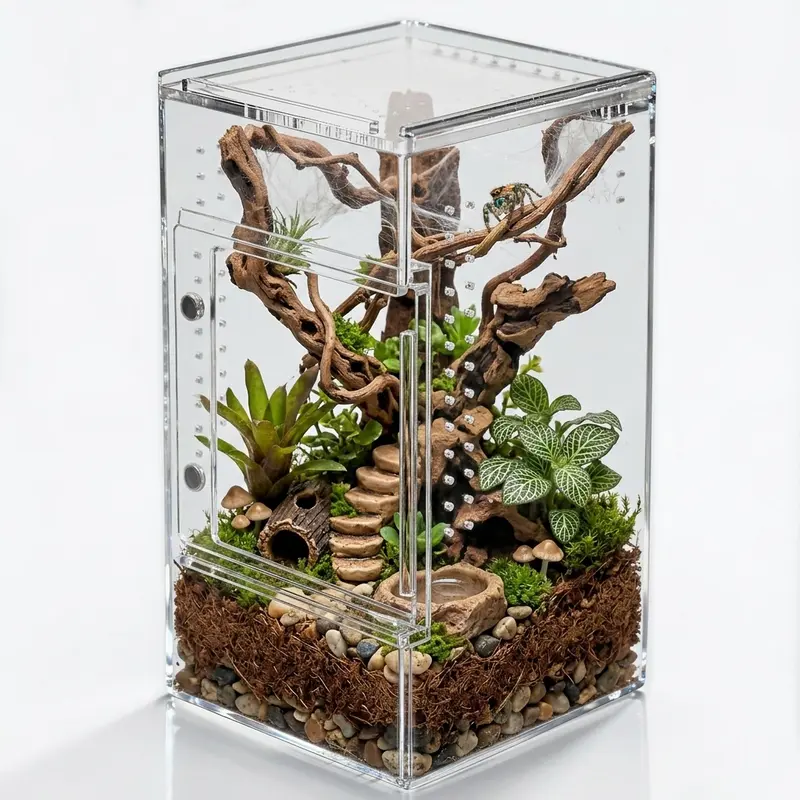Compact Acrylic Rectangle Small Reptile Terrarium - Water-Holding, Crystal-Clear Walls, Easy Setup, 1-Piece Design - Desktop Displays for Hobbyists, Photography-Friendly Jumping Spider & Tarantula Enclosure, Praying Mantis Habitat