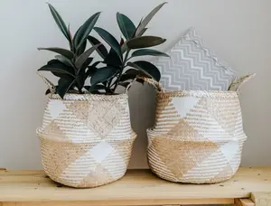 Large White Patterned Basket, seagrass belly basket, boho basket planter, modern planter, foldable basket, indoor planter, woven planter pot