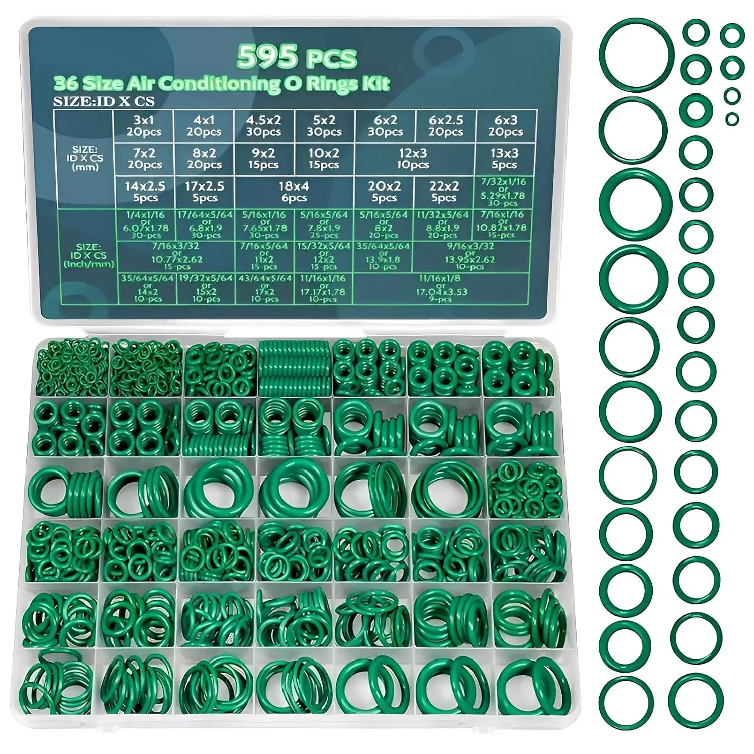 595-Piece Metric & SAE Air Conditioning O-Ring Seal Kit (36 Varieties, 10x2, 12x3, 18x4, 22x2 Sizes) - Green Rubber Seals for Automotive, Plumbing Leak Repair, 10 X 2