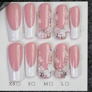 10pcs Square French Press-On Nails, Reusable Handmade Acrylic Fake Nails, Bow Design, Rhinestone Decor, Summer Nail Art, Perfect Gift