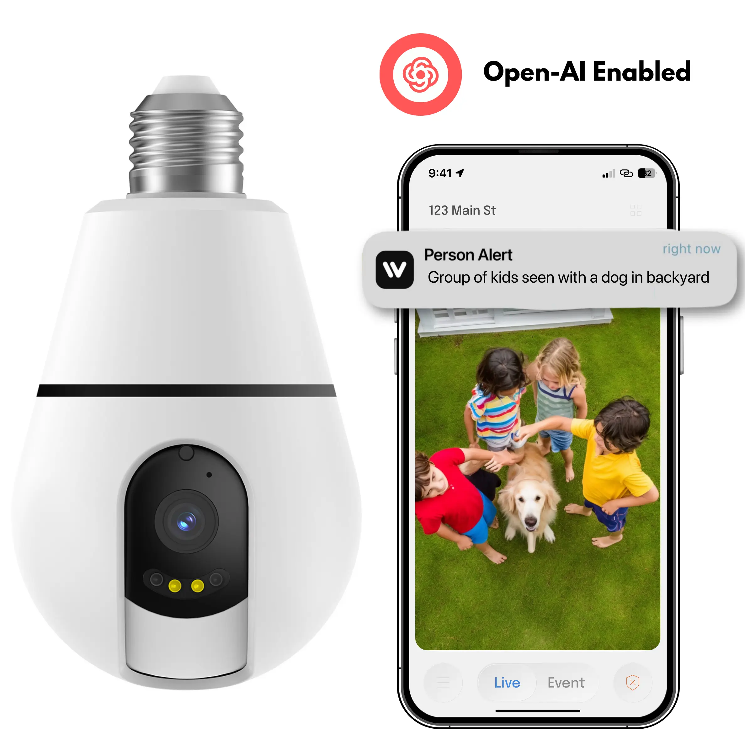 Noahtec 3MP Panoramic Light Bulb Camera, 5G/2.4GHz Dual Band, PTZ, Two-Way Audio, AI Motion Detection, Auto Infrared & White Light Night Vision, Suppo