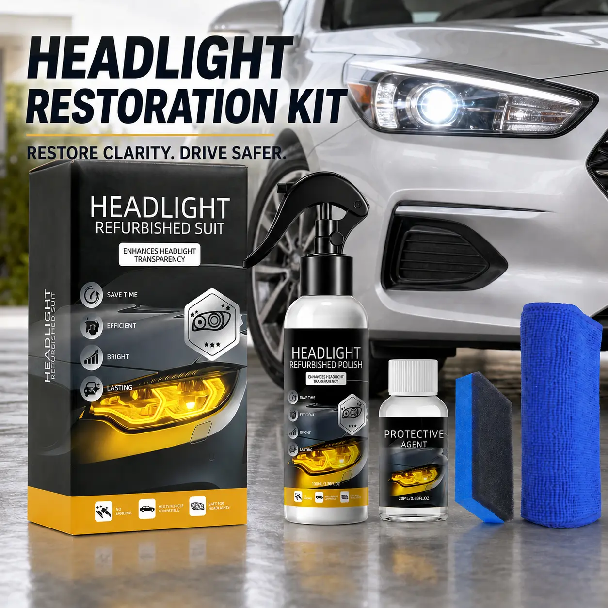DEBEIDi Headlight Restoration Kit, Headlight Cleaner & Protective Coating Set, Helps Remove Oxidation and Yellowing, Suitable for Car Headlight Maintenance