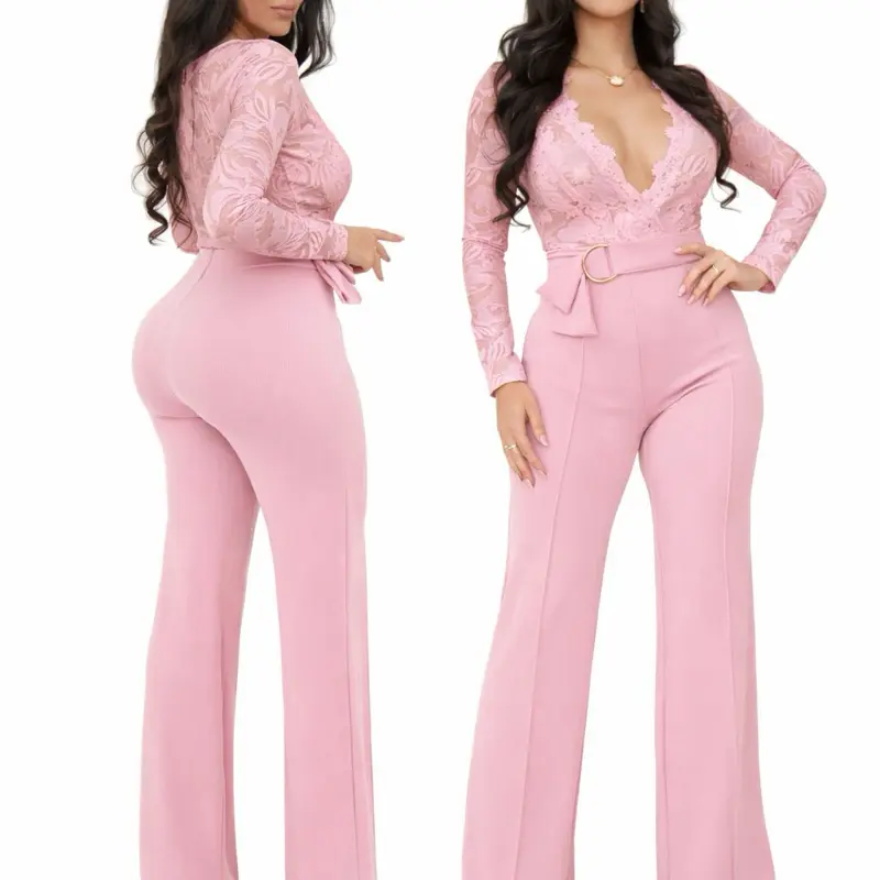 Women's Guipure Lace Sleeve Fitted Overalls - V82-96 Style 1-Piece Chic Jumpsuit with Stretch Fabric, Long Sleeve Lace-Detail Outfit for Ladies, Guipure Lace Jumpsuit