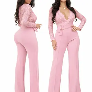 V82-96 Luxury Jumpsuit with Lace Detail and Stretch Fabric for Women