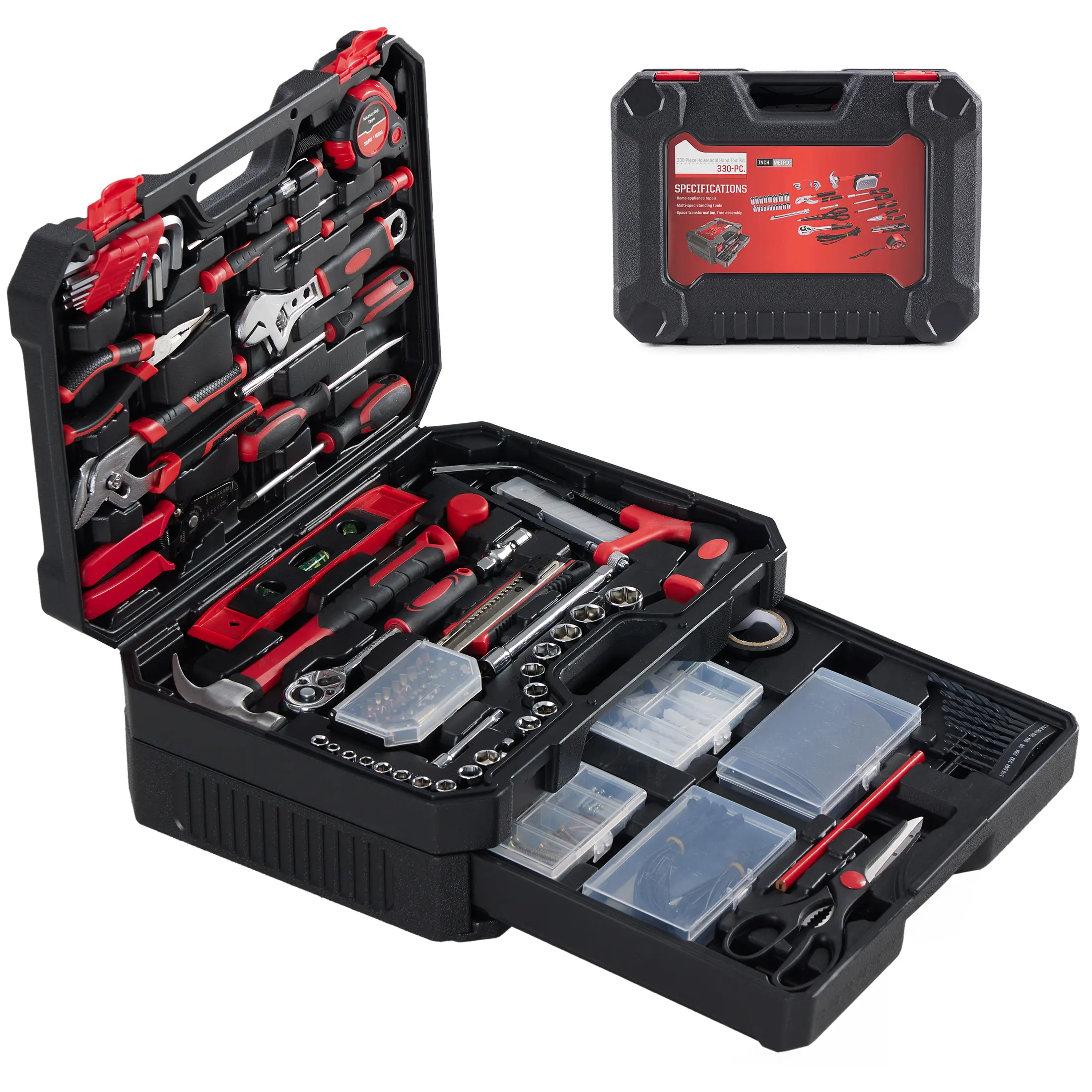 Household Hand Tool Kit with Hammer, Pliers, Socket Wrenches, Screwdrivers, Level & Hardware Organizer, Portable Toolbox for DIY, Home Maintenance
