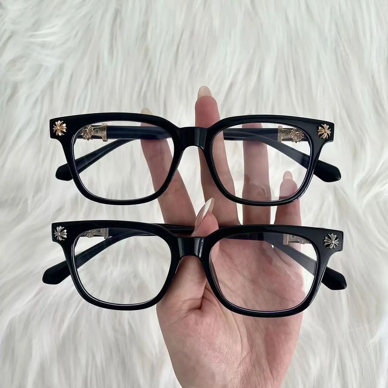 Gothic Cross Silver Decor Clear Frame Glasses | Black Acetate Blue Light Filter Eyewear