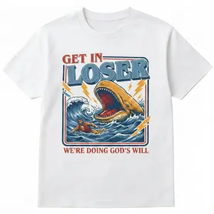 Retro Oversized Classic Short-Sleeve Crewneck T-Shirt - Christian Streetwear, Jonah and the Whale Graphic, "Get In Loser We're Doing God's Will" Verse, Soft Breathable Cotton, Faith Humor Religious Gift for Men (Pairs with Jeans)
