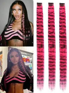 3-Piece Leopard Print & Striped Hair Pieces, Colorful Straight Clip-In Extensions, Y2K Street Style, Perfect for Parties & Holidays