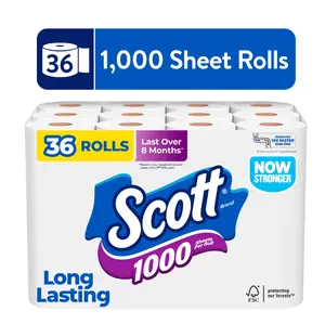 Scott 1000 Toilet Paper, 36 Rolls, 1000 Sheets Per Roll, Septic-Safe, 1-Ply Toilet Tissue, Toilet paper that is safe for the family, Everyday essentials