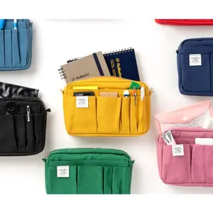 Classic Inner Carrying Pouch Medium Size Cotton Canvas Stationery Utility Cosmetic Bag A5 Size 14 Pockets Storage Capacity Makeup Containers