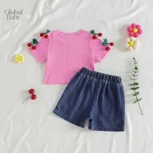 Global Baby 2026 Baby Girl 2Pcs Summer Outfits Two sets of printed T-shirts, children's denim shorts and stylish tops and pants for big kids and little girls in summer