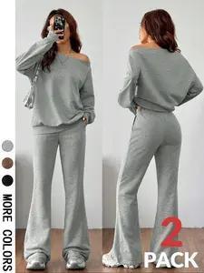 Women's Casual Two-Piece Set, Round Neck Long Sleeve Top & Slim Fit Flare Pants, Comfortable Fashion for Daily Wear