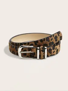 Women's Leopard Print Belt, Silver Color Dual Ring Decoration Elegant Belt Buckle Western Style Waistband, Casual Denim Jeans Dress Accessory