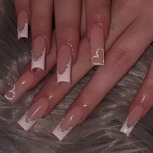 24pcs Sweet Cool Square Nails Nude French Sparkle Heart Design, Quick 5-Minute Adhesive-Free DIY Nail Art, Perfect for Date Night