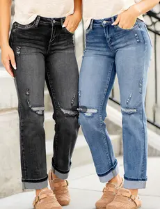 Women's Casual Straight Jeans Street Mid-Waisted Distressed Boyfriend Denim Pants Light Wash Ripped Details Rolled Hem Womenswear Blazer