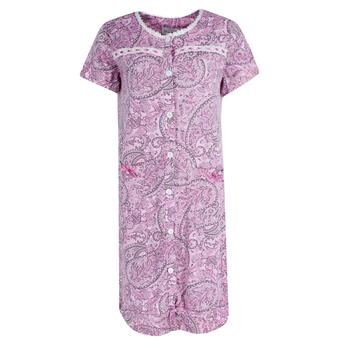 CTM Women's Plus Size Paisley Short Sleeve Duster, Lightweight Button-Down Nightshirt for Sleep and Loungewear, Nightwear, Feminine, Elegance, Draped, Fit, Style, Comfy, Shortsleeve