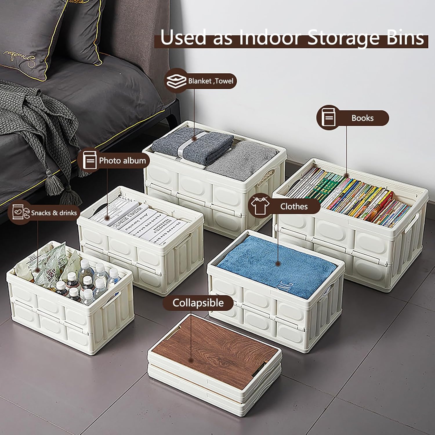 Collapsible Storage Bin with Handles and Wooden Lid, Large Capacity Stackable Utility Crates Holds 33lbs for Outdoor Home Storage Organizing Moving (30L/7.9Gal)