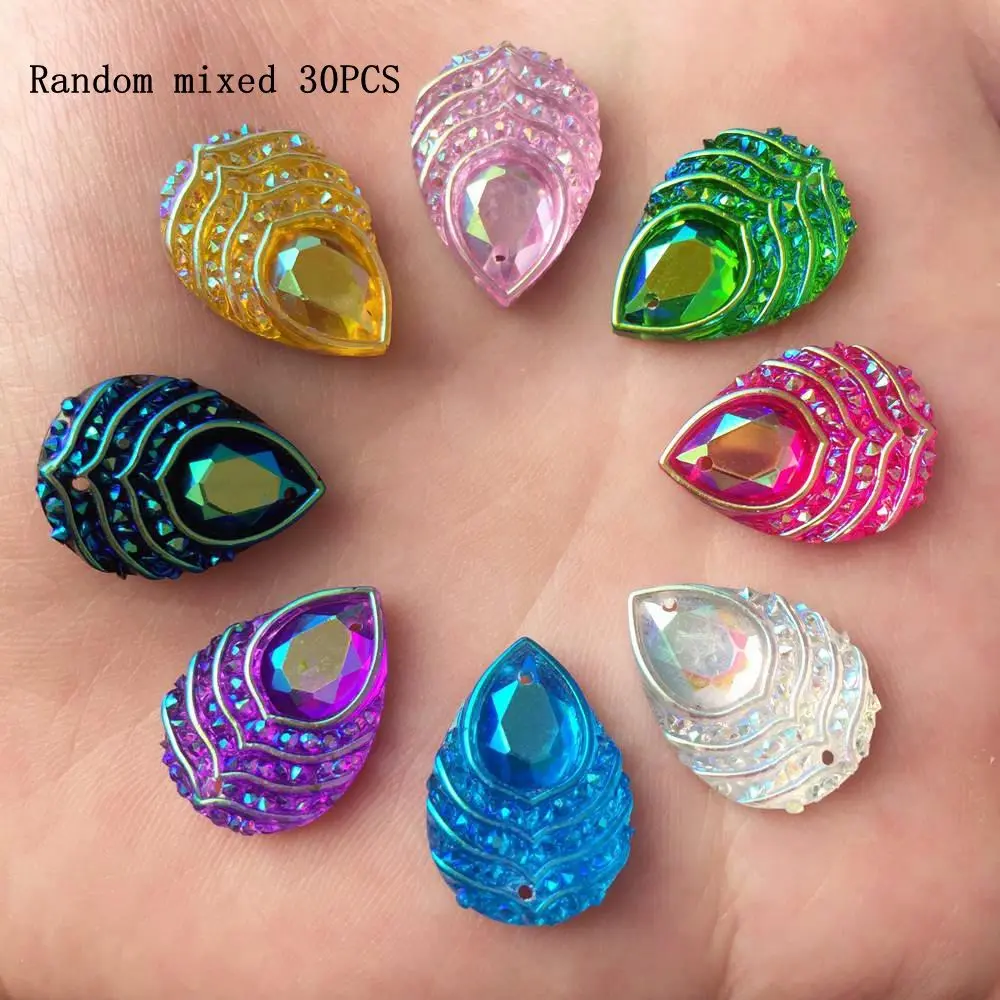 30pcs Mixed Glitter Shiny AB Resin Drop Peacock Eye Flat Back Rhinestone Scrapbook Wedding DIY 2 Hole Applique Ornament Bling Rhinestone Decoration Jewelry Making Crafts Accessories Supplies Glitter Rhinestones