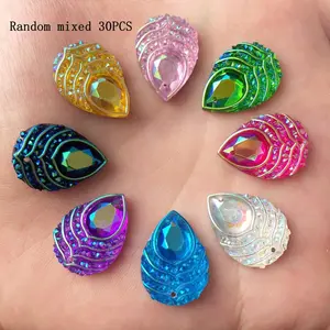30pcs Mixed Glitter AB Resin Drop Peacock Eye Flat Back Rhinestone Scrapbook Wedding DIY 2 Hole Applique Ornament Jewelry Making Crafts Accessories Supplies Glitter Rhinestones