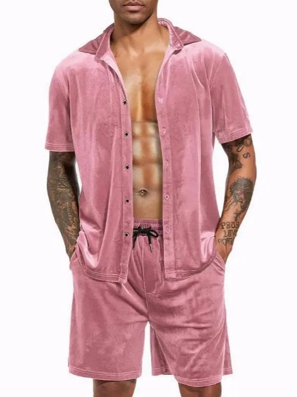 LecGee Men Summer Casual Short Sets Velvet Short Sleeve Button Down Shirt Elastic Waist Shorts 2 Piece Outfits Tracksuit