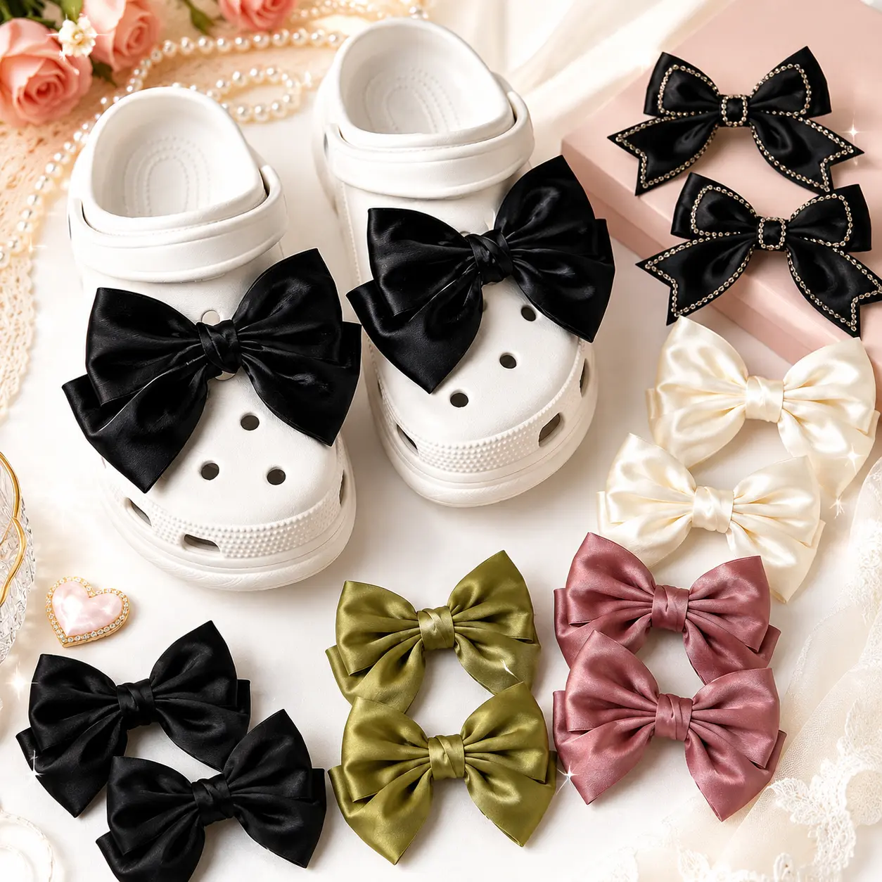 Women's 2-Pack Polyester Satin Bow Shoe Charms Set, Cute Holiday Expandable Clog Pins, DIY Decorative Accessory for Crocs