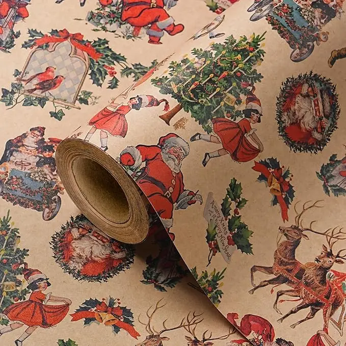 WRAPAHOLIC Kraft Vintage Christmas Wrapping Paper - Mini Roll - 17 Inch x 16.5 Feet - Santa, Tree and Festive Scene Retro Christmas Wrapping Paper for Holiday, Party Celebration