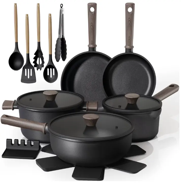 Astercook 18-Piece Pots and Pans Set, Black Titanium Induction Nonstick Cookware Set, Oven Safe to 480°F, Induction Compatible & Dishwasher Safe, Kitchen Cooking Set for RV Trips, Camping and Picnic