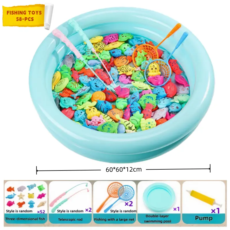 58-Piece Durable Fishing Playset - Interactive Pool Water Play Toy, Unisex Gift for Ages 3-10, Ideal for Christmas & Birthday, Fosters Patience, Enlightenment & Learning