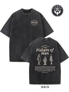 Couples Vintage Washed Print T Shirt Fishermen Design Embroidered Detail Round Neck Short Sleeve Regular Length Relaxed Fit Hemmed Bottom Graphic Representation