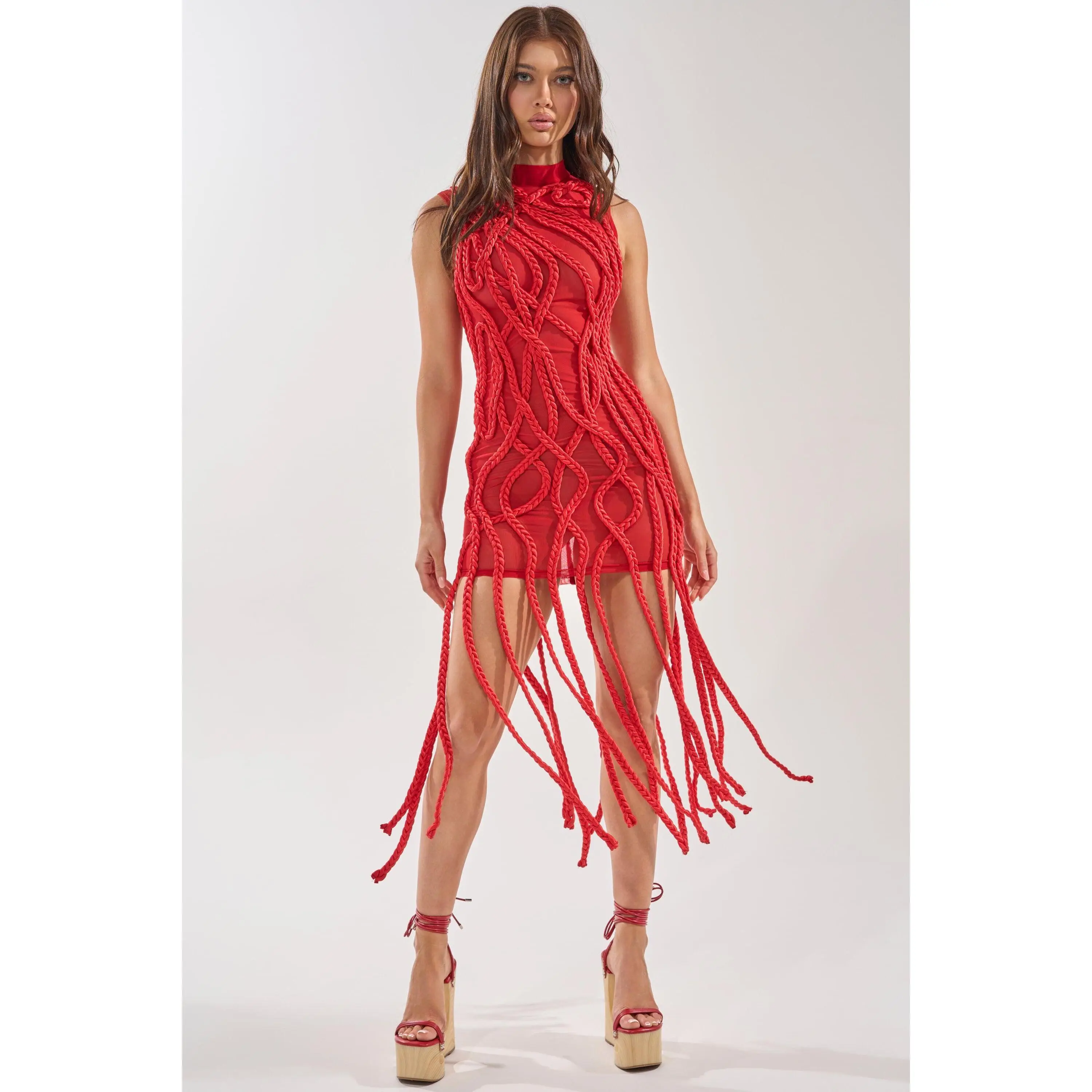 STUCK ON YOU BRAIDED MINI DRESS IN RED