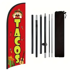 Tacos Shop Flag, Polyester Advertising Flag with Flag Pole and Ground Stake, Outdoor Promotion Yard Sign Banner Decoration for Tacos Shop