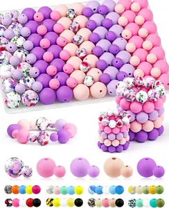 100PCS Silicone Beads for Keychain Making, 9mm & 15mm Pink Purple Mixed 5 Silicone Focal Beads for Bracelets, Beadable Pens and DIY Crafts