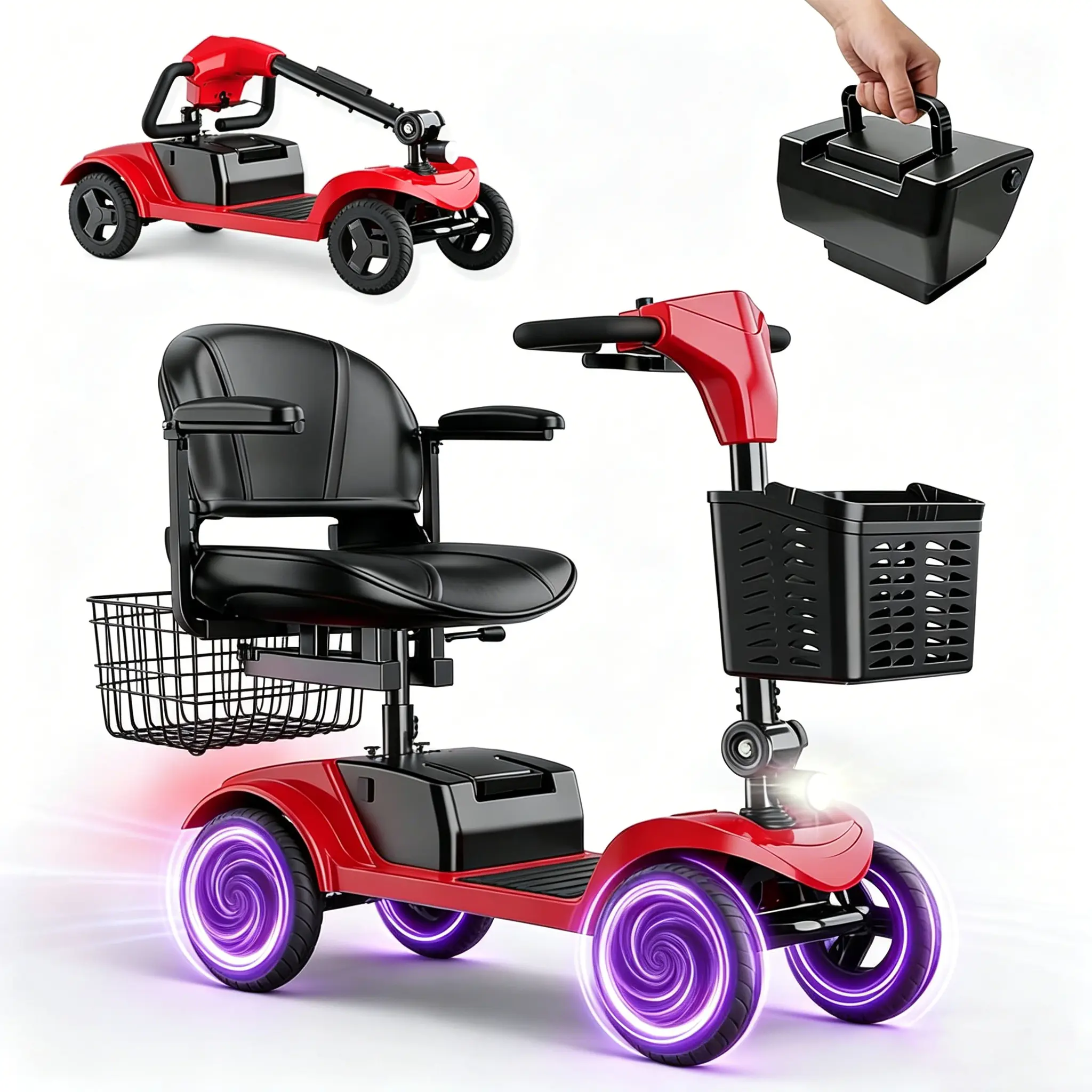 4-Wheel Portable Mobility Scooter for Adults, Seniors,Foldable Motorized Scooter with 300 lbs,Detachable Battery,350W Powered,Dual Baskets,Charger Included,Lightweight and Convenient