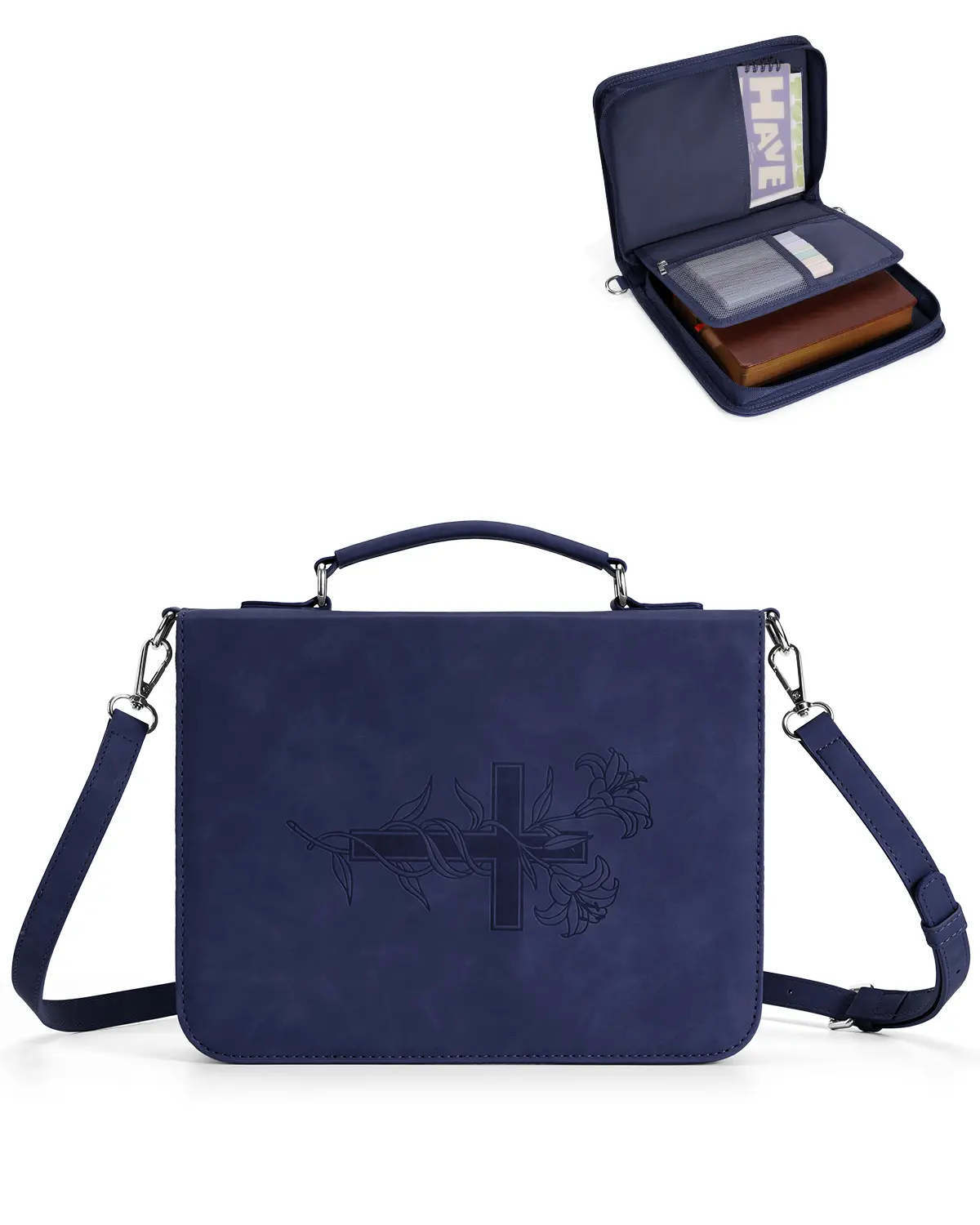 WANDF Leather Bible Cover for Men, Bible Bag with Shoulder Strap | Double Layer Compartments, Church, Bible Study Supplies, Journaling Accessories, Christian Gifts for Men