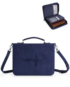 WANDF Leather Bible Cover for Men, Bible Bag with Shoulder Strap | Double Layer Compartments, Church, Bible Study Supplies, Journaling Accessories, Christian Gifts for Men