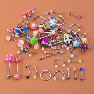 60 Pcs Colorful Acrylic & Stainless Steel Body Piercing Jewelry Set, Spiked Belly Button Rings, CBR Nose Rings, Tongue Rings, Cartilage Earrings, Hypoallergenic Punk Body Jewelry for Men Women