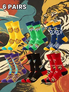 6 Pairs Tiger-Themed Print Trendy Socks, Multi-Colors, Breathable Sweat-Wicking, Mid-Calf Fit, Ideal for Youth Casual Daily Wear