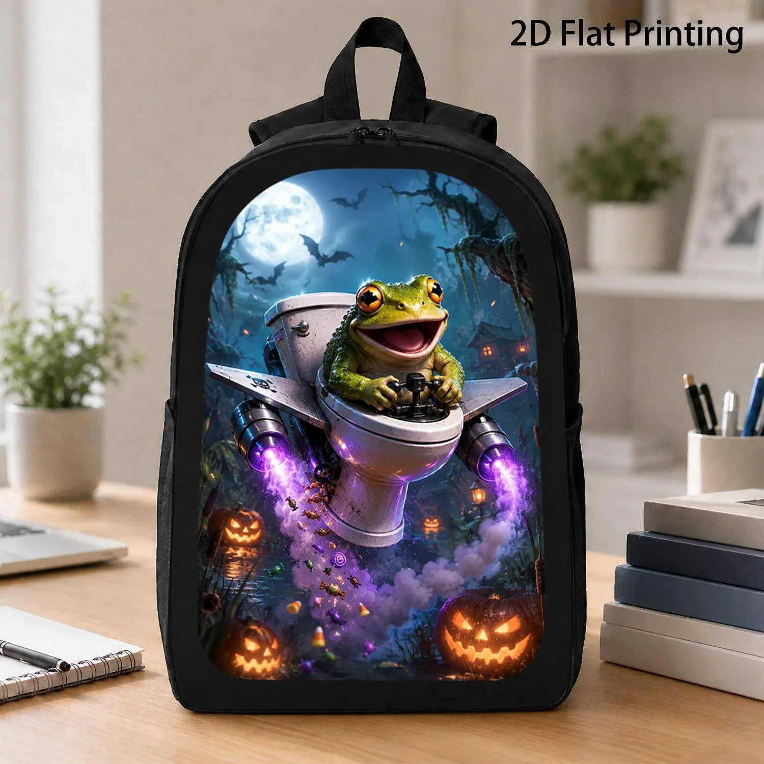 Halloween Animal Backpack, Happy Green Frog Piloting Jet Toilet In Dark Swamp, Full Moon Bats & Pumpkin Scene, 2D Flat Print Travel Laptop Backpack